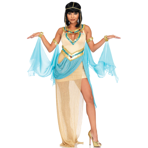 3 Tl. Cleopatra Kostüm, Enthalt Einem Gelb-Gold-Minikleid Mit Tiefem Decoleté Mit Pailletten Getrimm